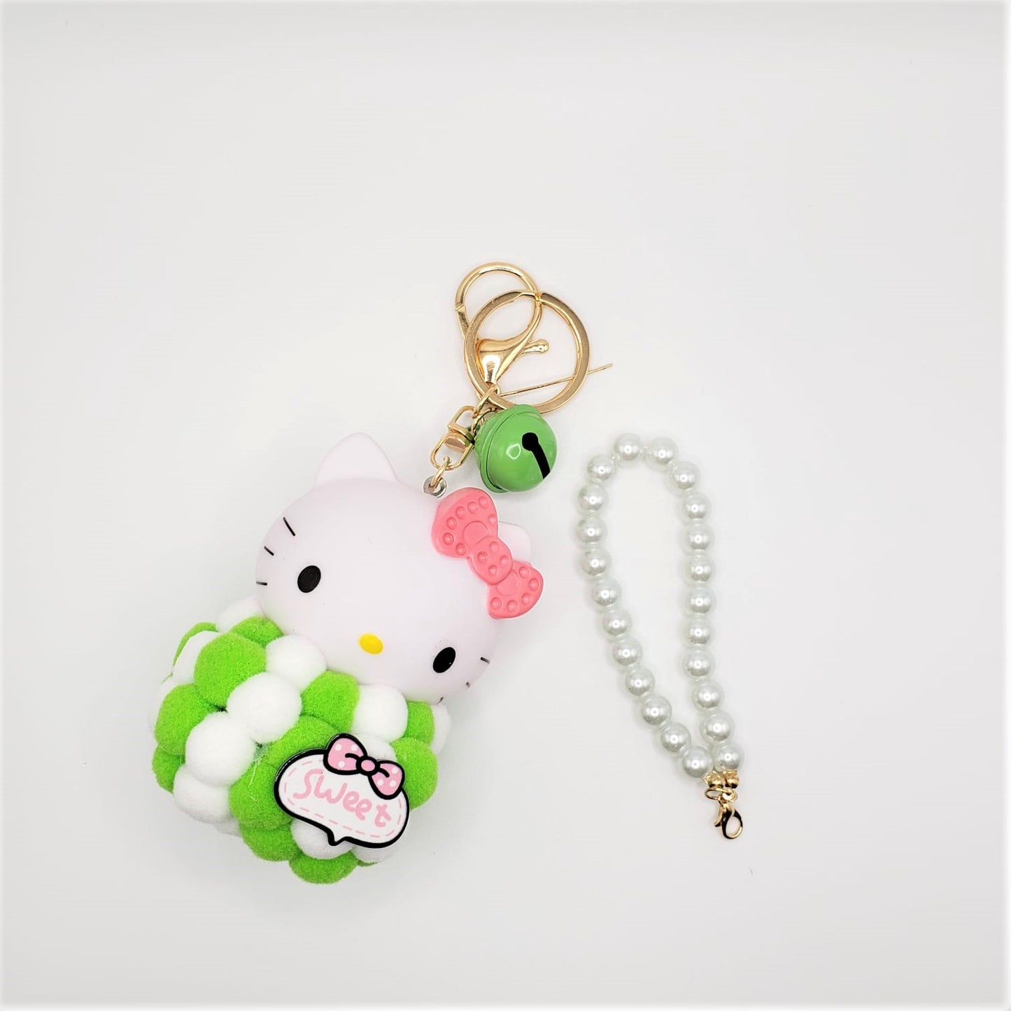 Hello Kitty Plush Pearl Strap Keychain #Green