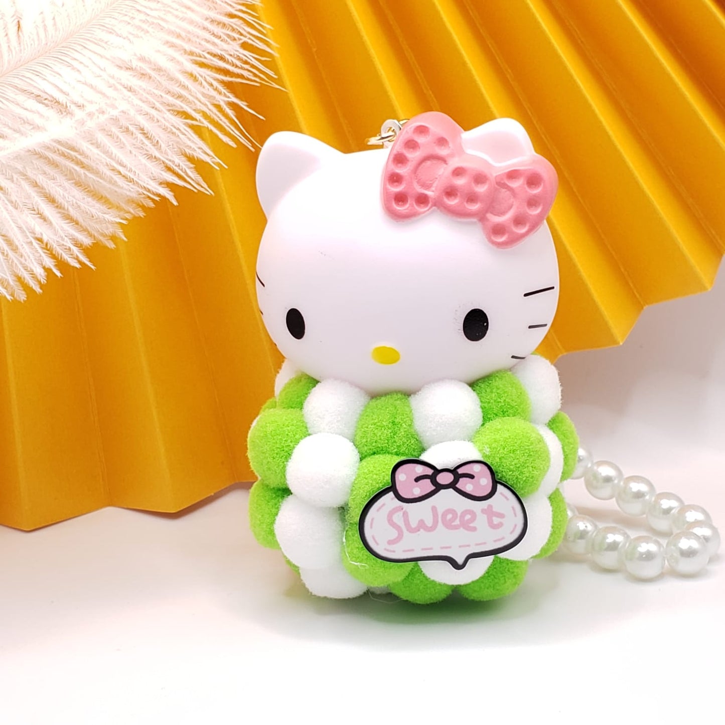 Hello Kitty Plush Pearl Strap Keychain #Green
